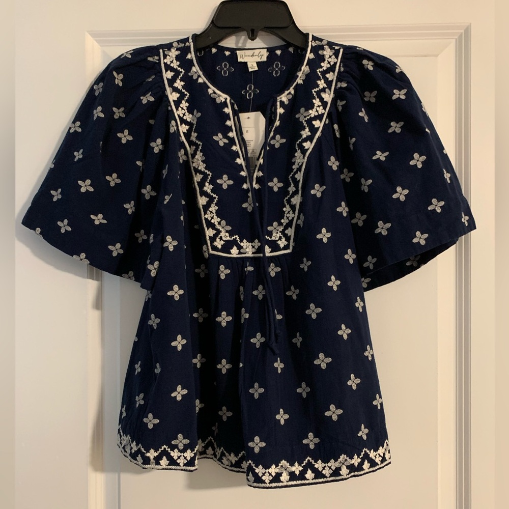 Wonderly Navy White Embroidered Flutter-Sleeve Tunic